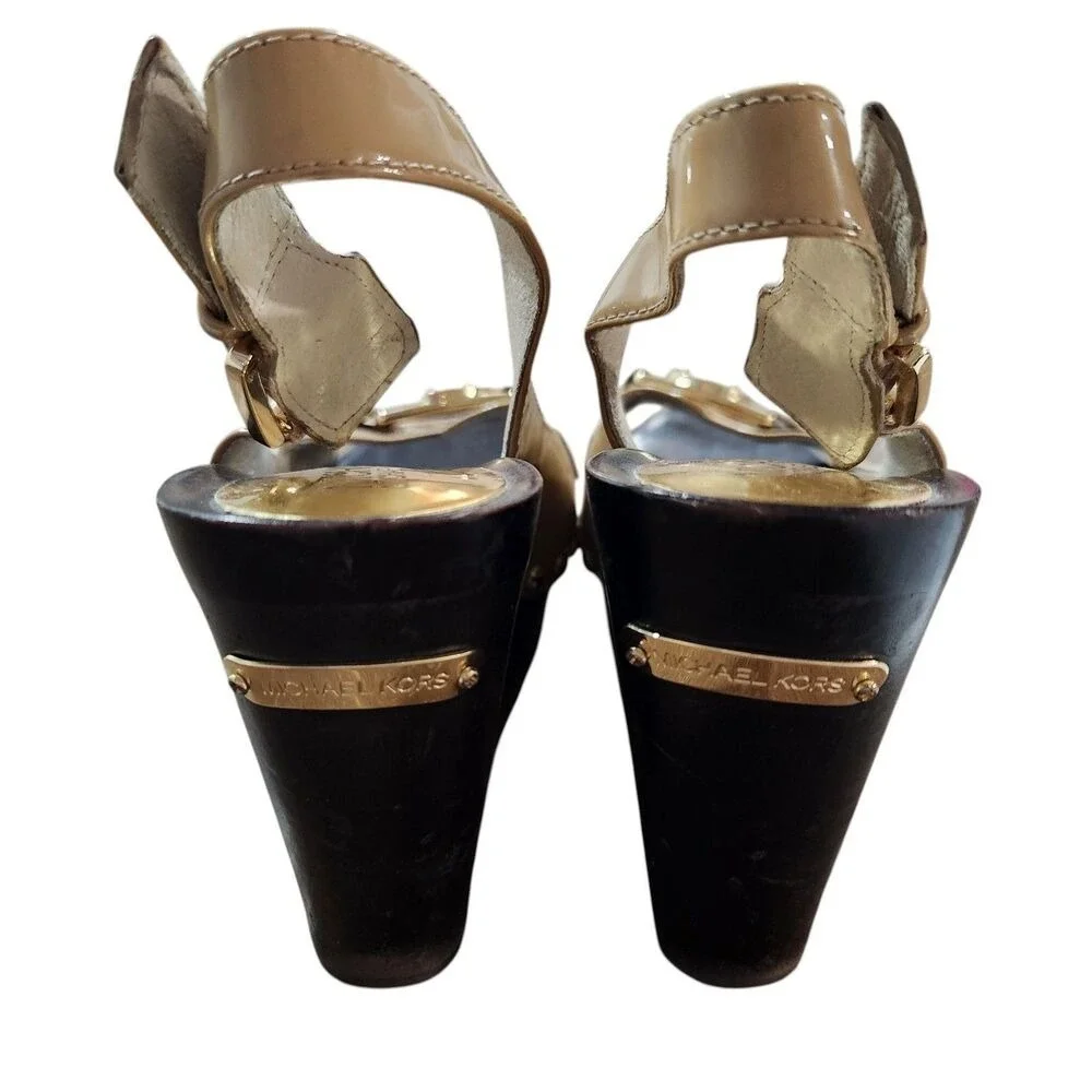 Michael Kors MK Logo Slingback Wedge Sandals Tan Patent Leather 7